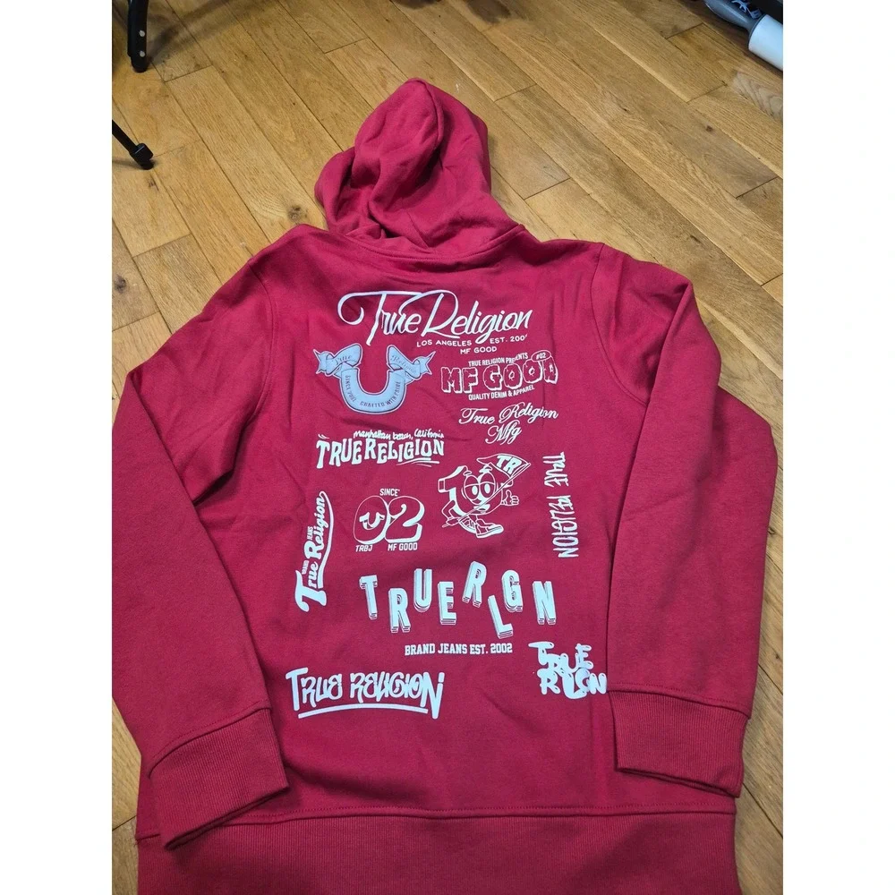 True Religion Mens Zip Up Hoodie Red Graphic Back Logo Sweatshirt Large New